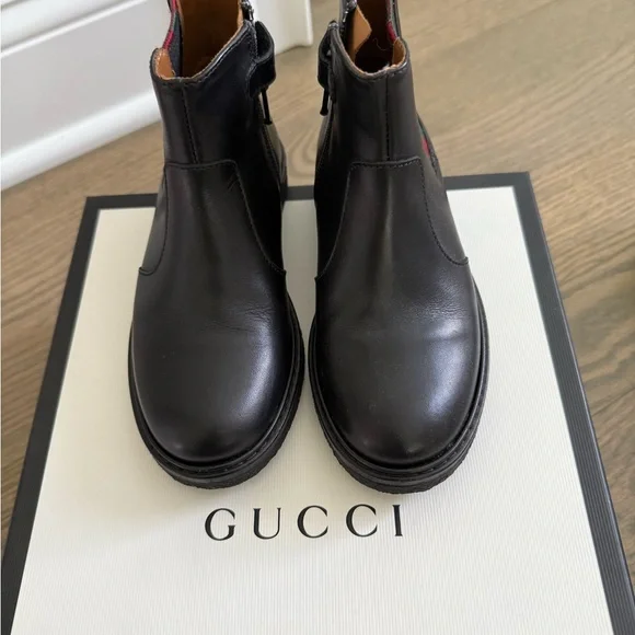 Gucci Kids Black Leather Boots with Green and Red Stripes - Picture 3 of 6